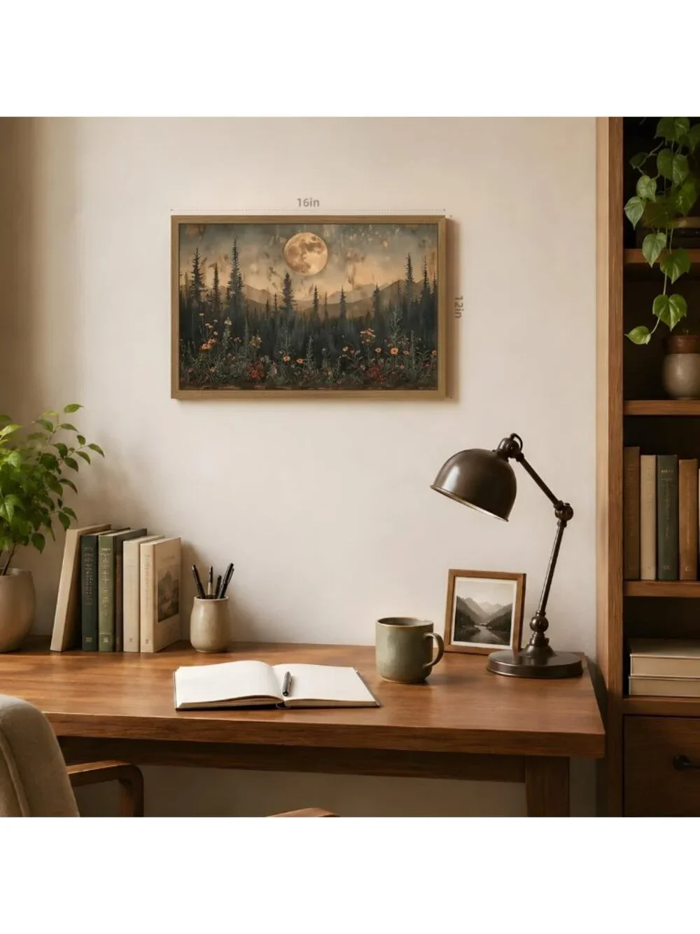 Rustic Forest Landscape Wall Art, Vintage Moon Pine Tree Canvas Print 16x24